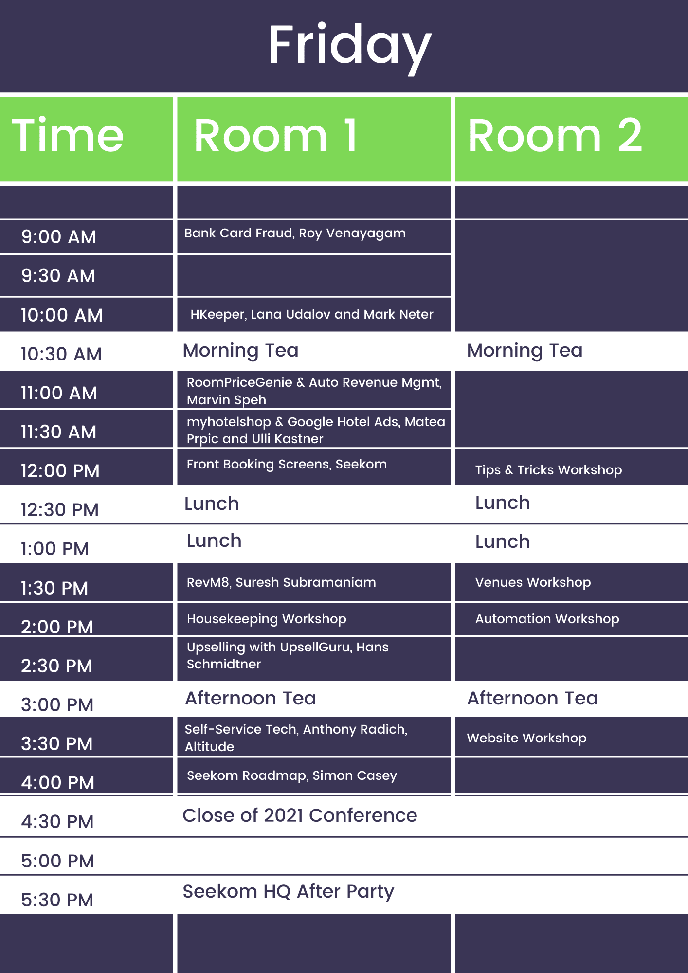 2021 Seekom Conference Friday Timetable