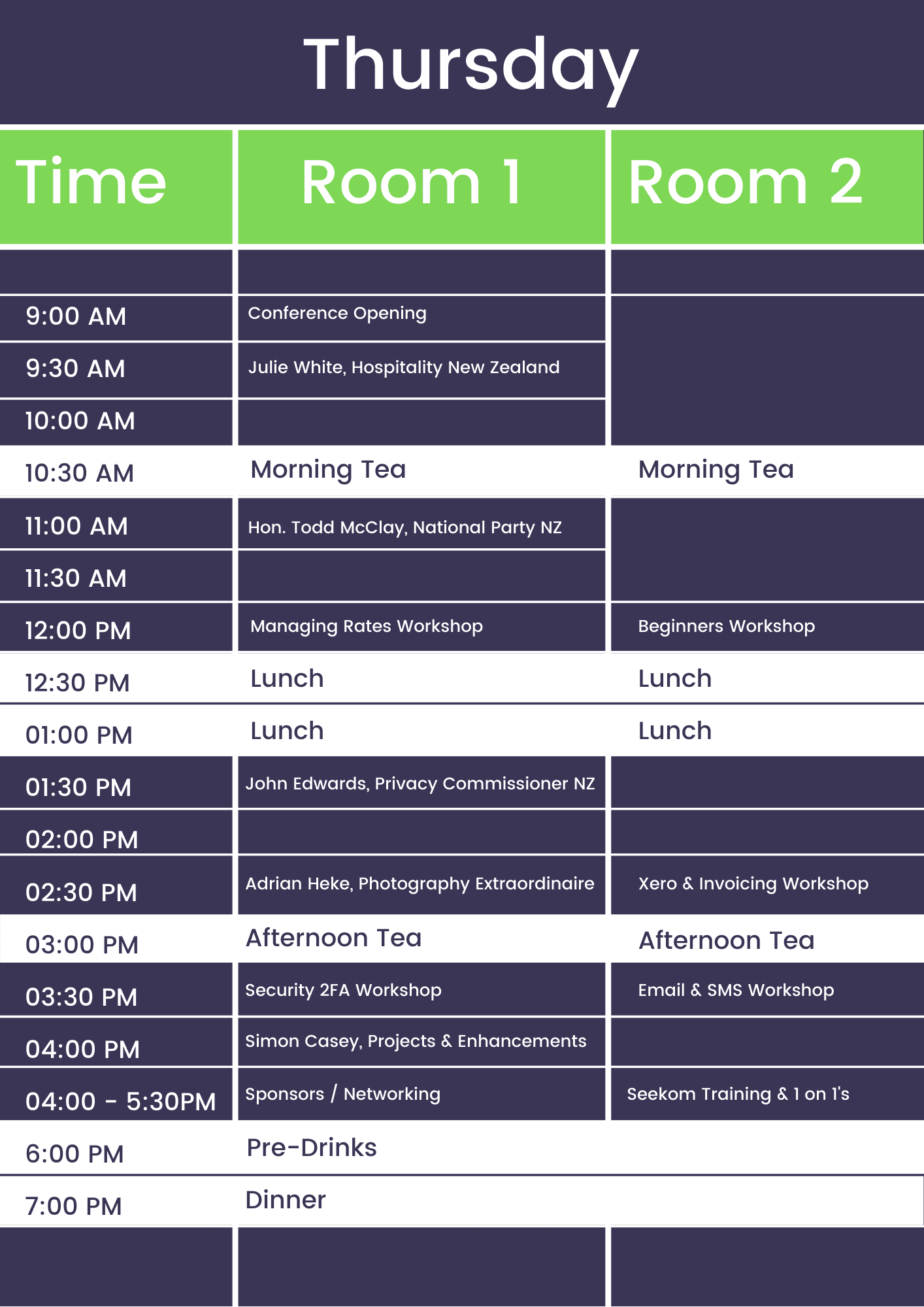 2021 Seekom Conference Thursday Timetable