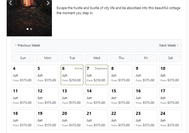 Rates displayed for two nights only using the new booking calendar view.